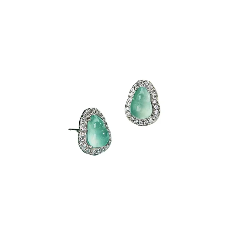 

Jade gourd 925 sterling silver stud earrings light luxury high sense Fulu jade national style new Chinese earrings