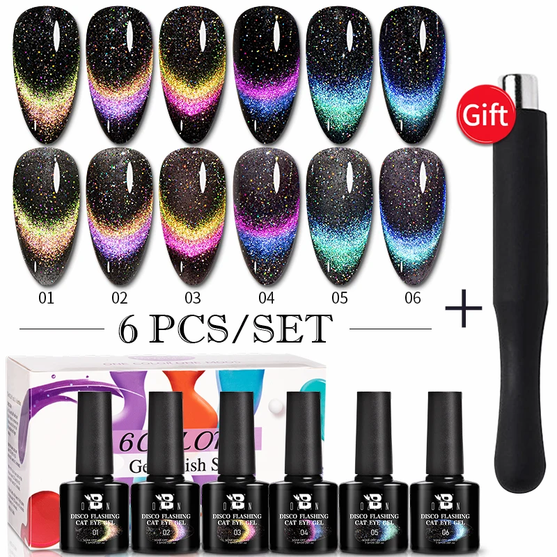 BOZLIN Disco Flashing Cat Eye Gel Set Semi Permanent Dynamic Glitter Reflective Nail Gel Soak Off UV Gel Nail Art Varnish