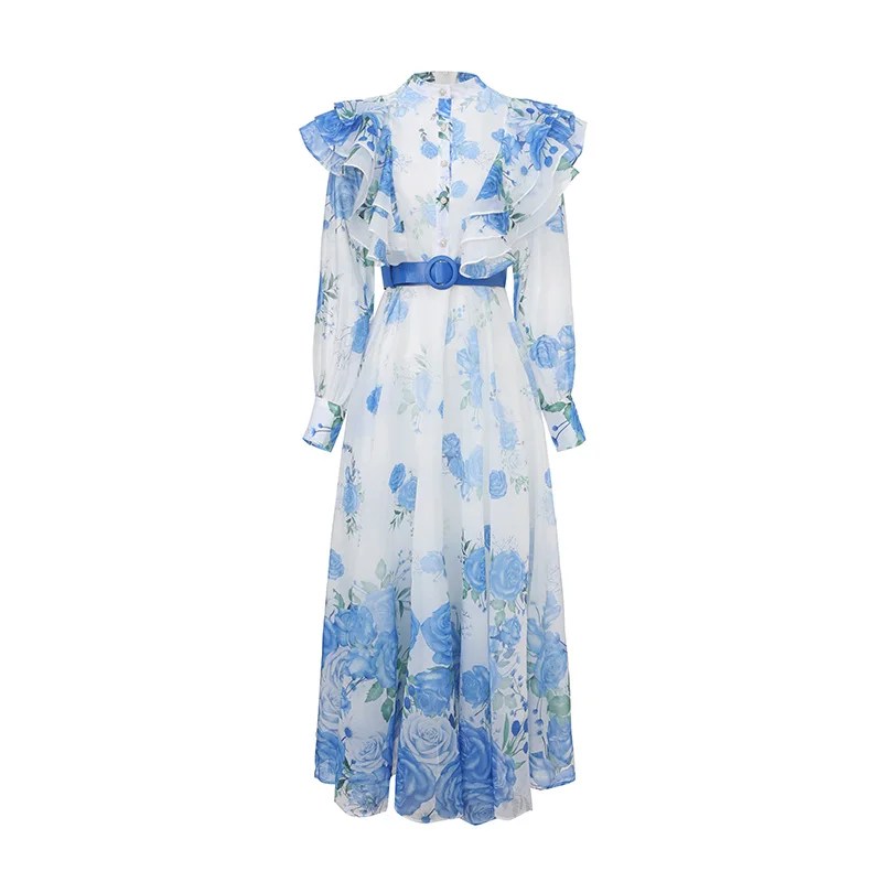 

Elegant Stand Collar Long Lantern Sleeve Dress Slim Waist Print Robe Single Breasted Belt Chic Summer Fashion Vestido
