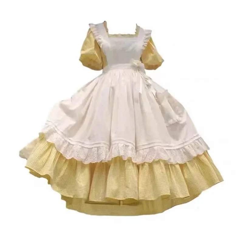 New French Sweet Pastoral Style Slim Square Collar Yellow Plaid Dress Women + Ruffles Outer Dress Two-piece Long Dress Suit