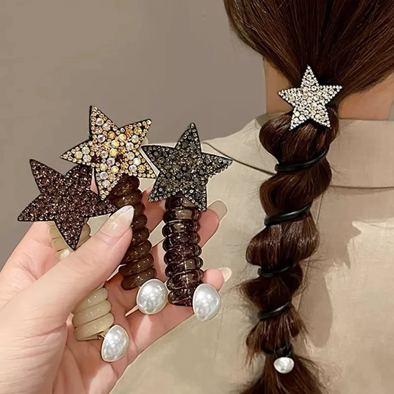 Y2K Star Heart Pendant Telephone Cord Scrunchies Hair Rope Women Girls Rubber Bands Ponytail Holder Spiral Braided Wire Ties