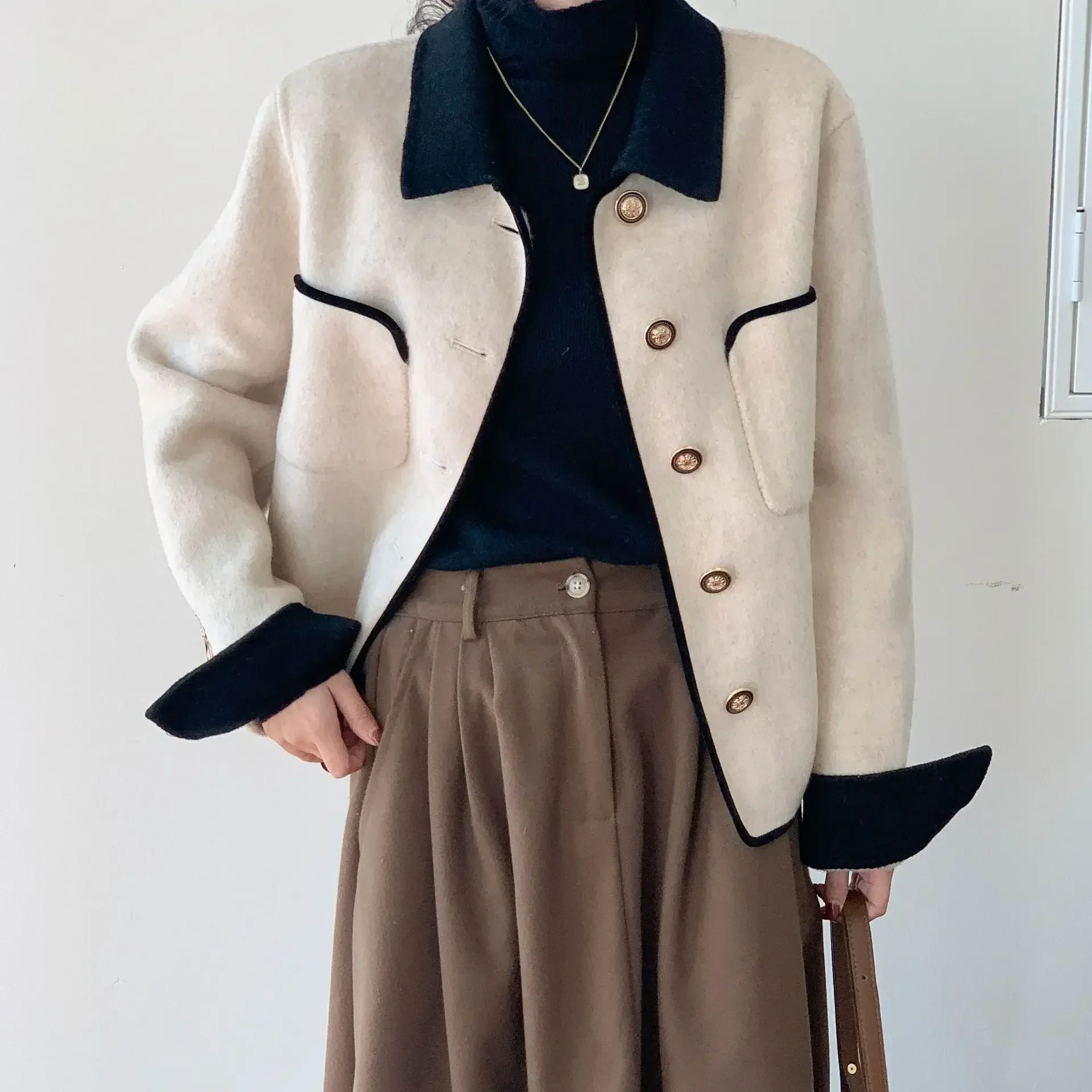 Autumn and winter popular fashion small fragrant wind wool coat women's simple casual contrasting color lapel small double-sided