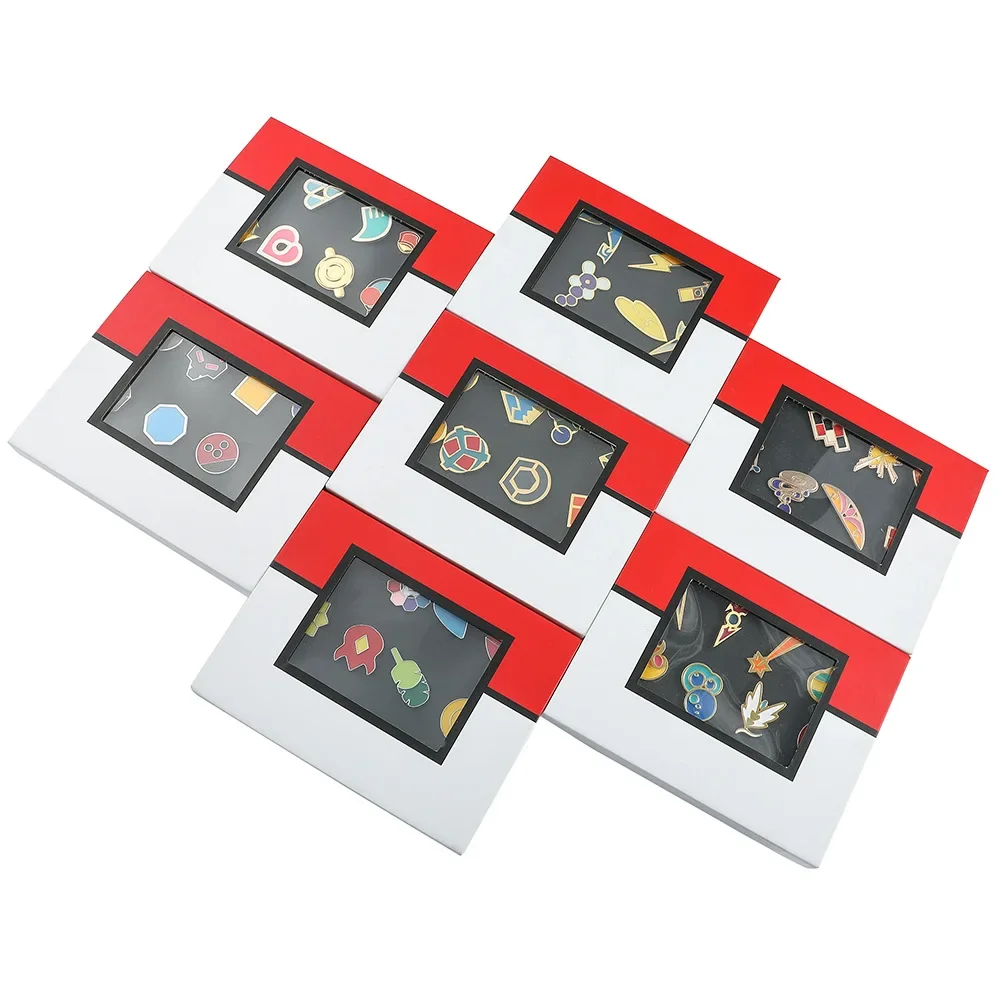 1 Set Anime Pokemon Gym Badges Kanto Sinnoh Unova Region League Brooches Set GYM Metal Badges Box Collection Bag Ornaments Gifts