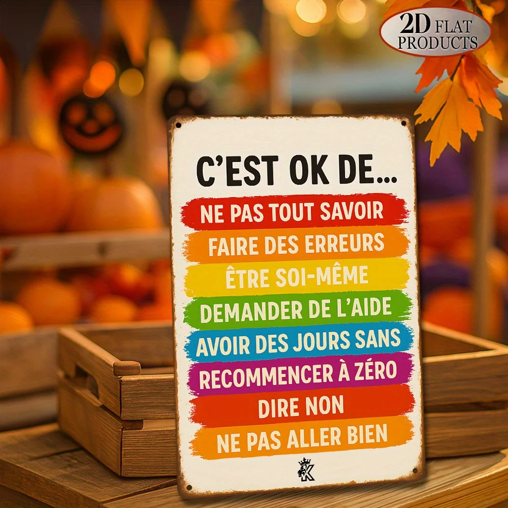 Plaque en métal vintage bilingue français-anglais avec affirmations positives, art mural motivant arc-en-ciel, plaque en fer 20x30cm pour le bureau