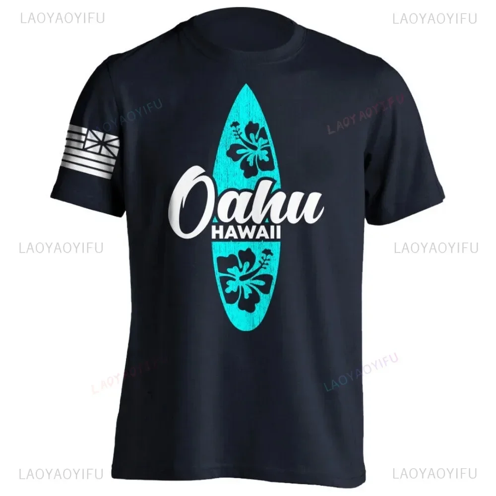 Men\'s Cotton Shirt OAHU HAWAII SURFING Distressed TShirt Unisex Surf Board Beach Tee Tops Summer Fashion Casual Short Sleeves