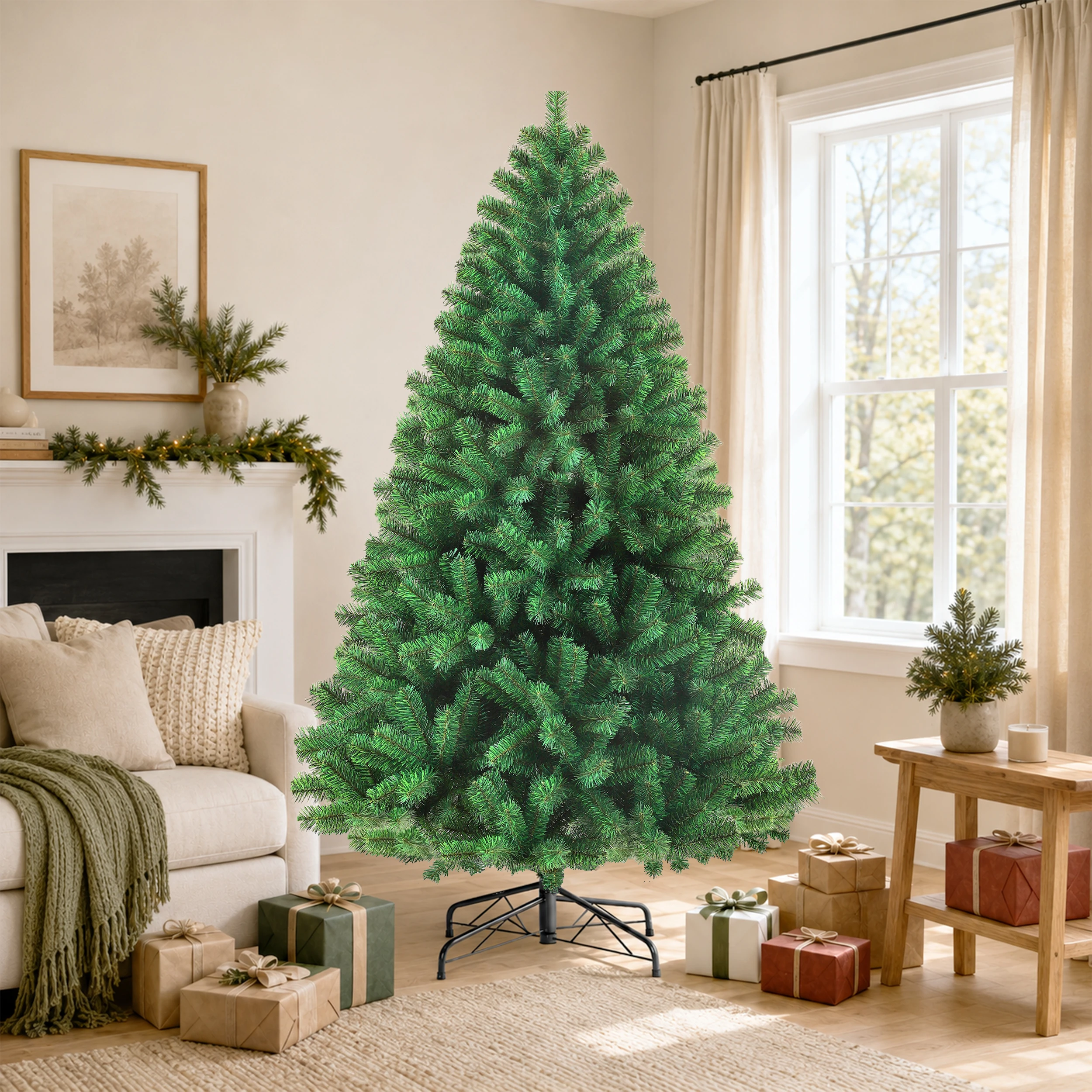 180/210 cm PVC-Weihnachtsbaum mit dichten, realistischen grünen Zweigen, vollständig formbar und mit stabilem Metallständer, wiederverwendbare Weihnachtsdekoration für Zuhause, Büro, Schule, Partys, Weihnachts- und Winterfestdekoration im Innenbereich – Detail 1