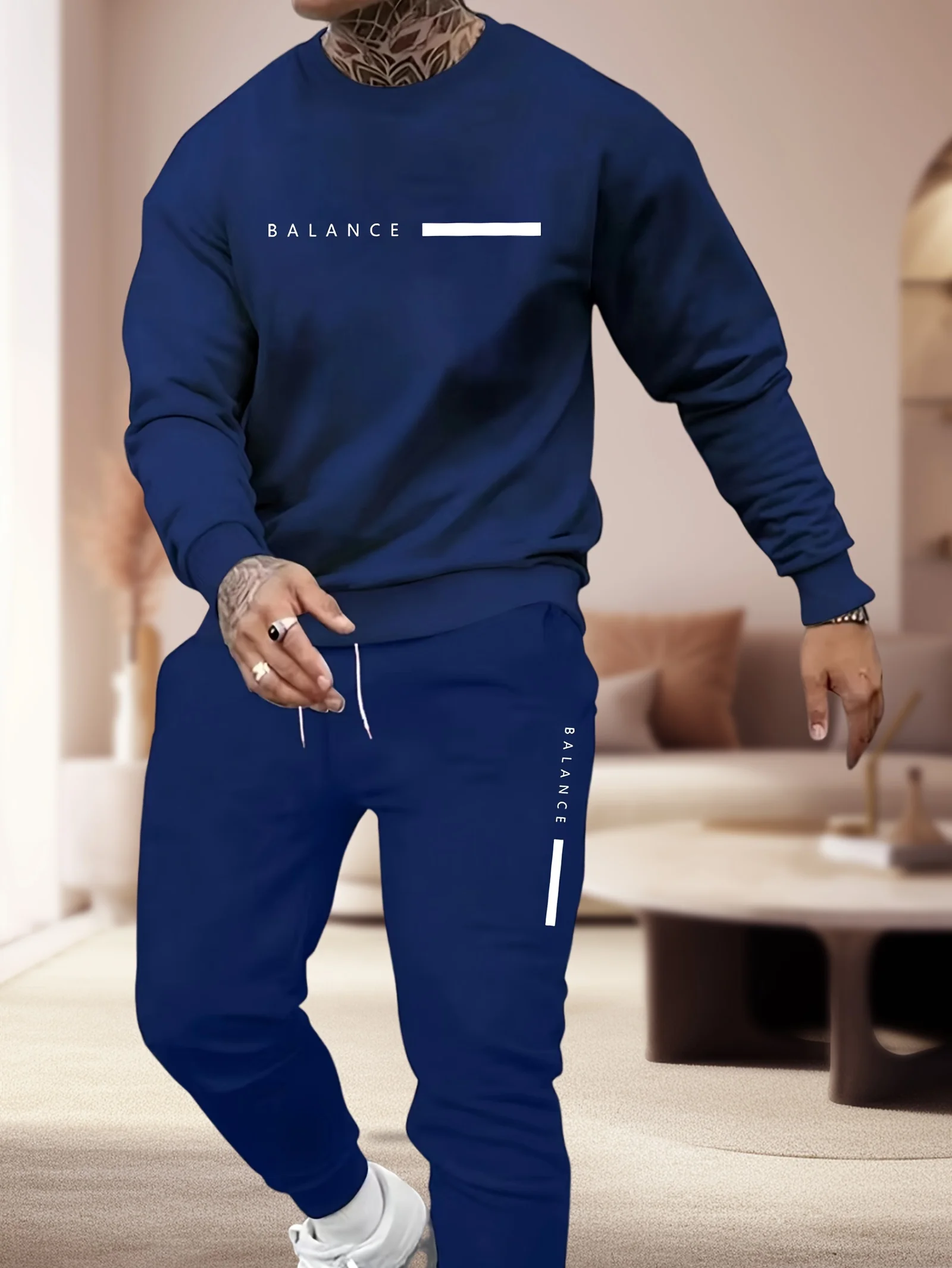 Men's autumn and winter casual BALANCE letter  Print loose and plush thick round neck sweatshirt+sports pants set