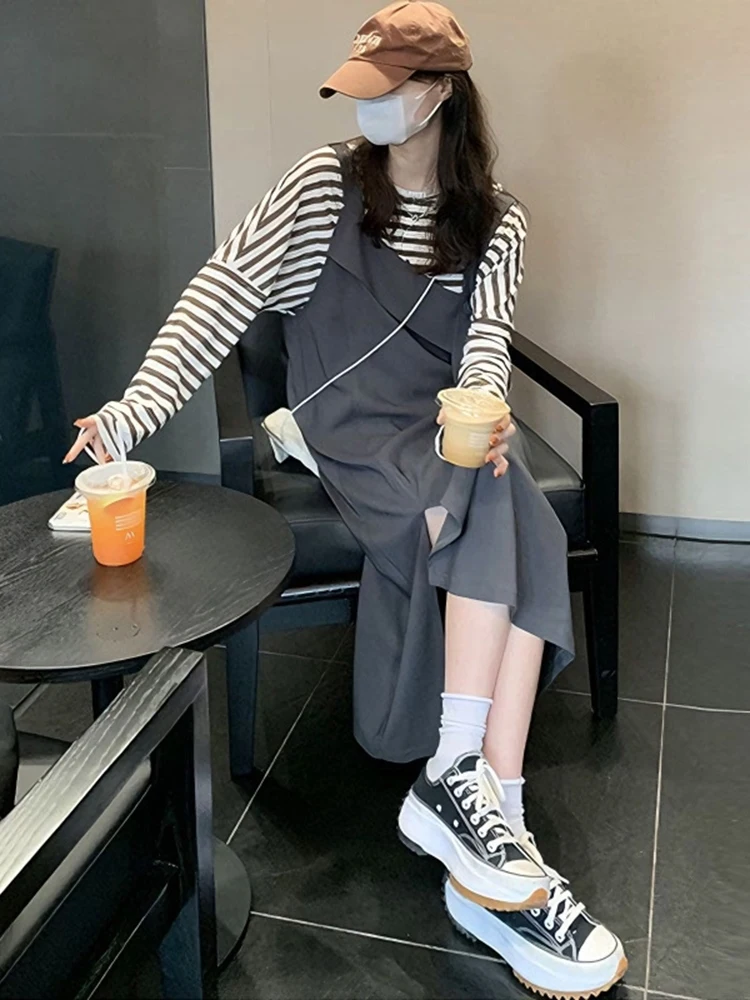 Faionable Striped Long Sve Dr And Overalls Two Piece Set Sweet College Sle High Waist Cotton Polyester mid Length S...