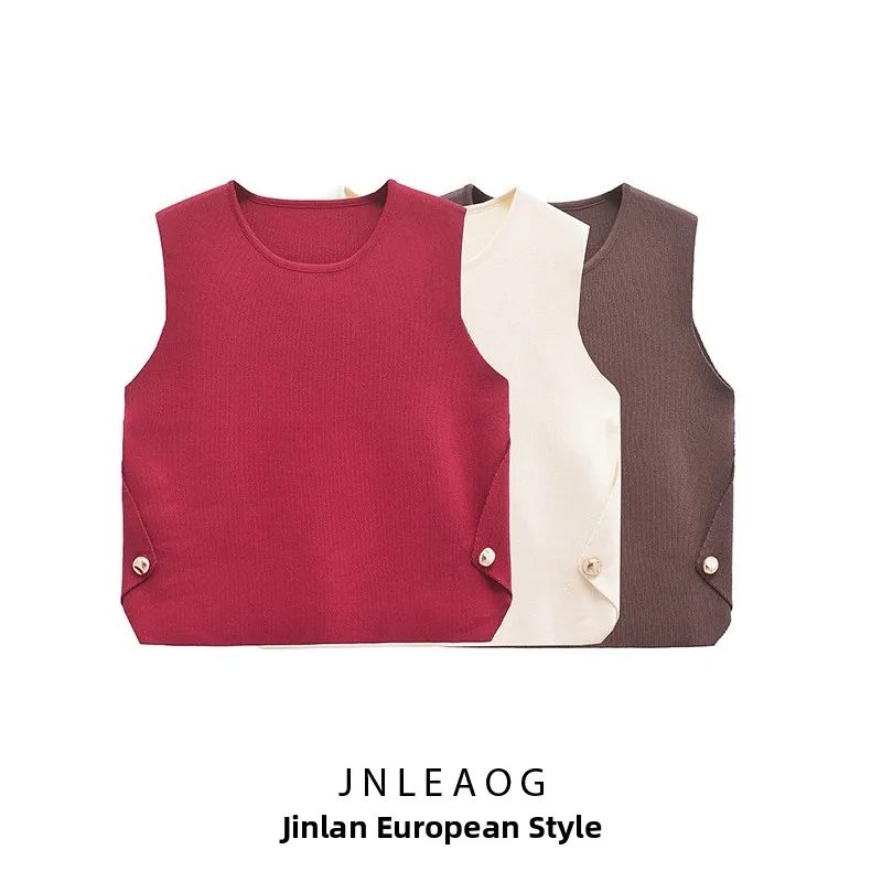 ZAR-Ceco de punto a la moda para mujer, Top con botones laters, novedad de otoño, cuello redondo, fibra de poliéster, e...