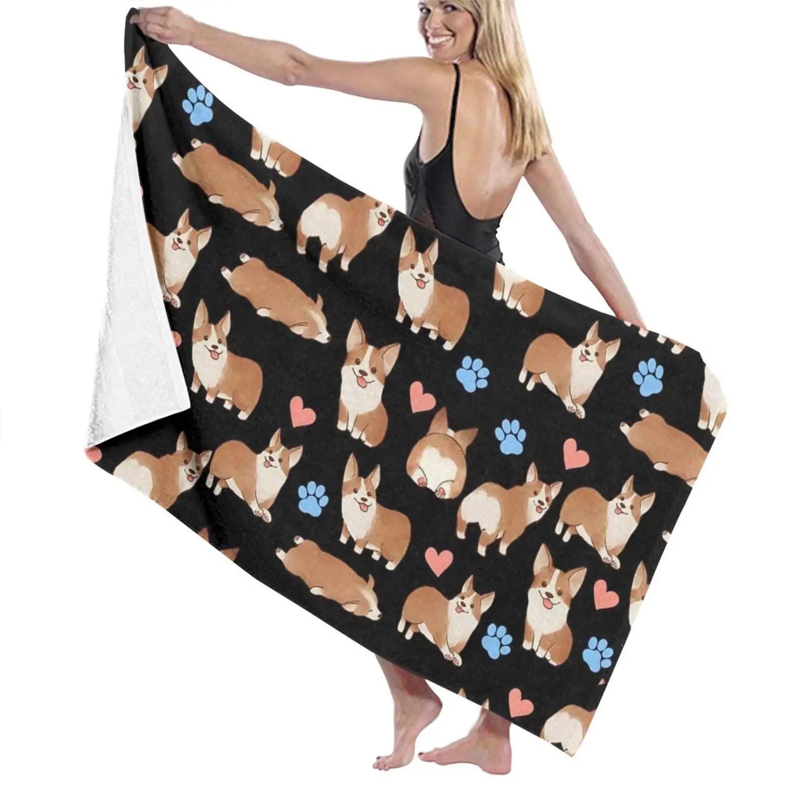 

Animal Dog Corgi Fiber Beach Towel Super Absorbent Quick Drying Bath Towel Bathroom Beach Camping Holiday Travel Blanket