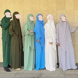 Abaya tiens imar-Ensemble de vêtements de prière pour femmes, Jilbab 2 pièces, écharpe Hijab avec manchette smockée, robe de Dubaï, tenue musulmane Islam Ramadan Eid