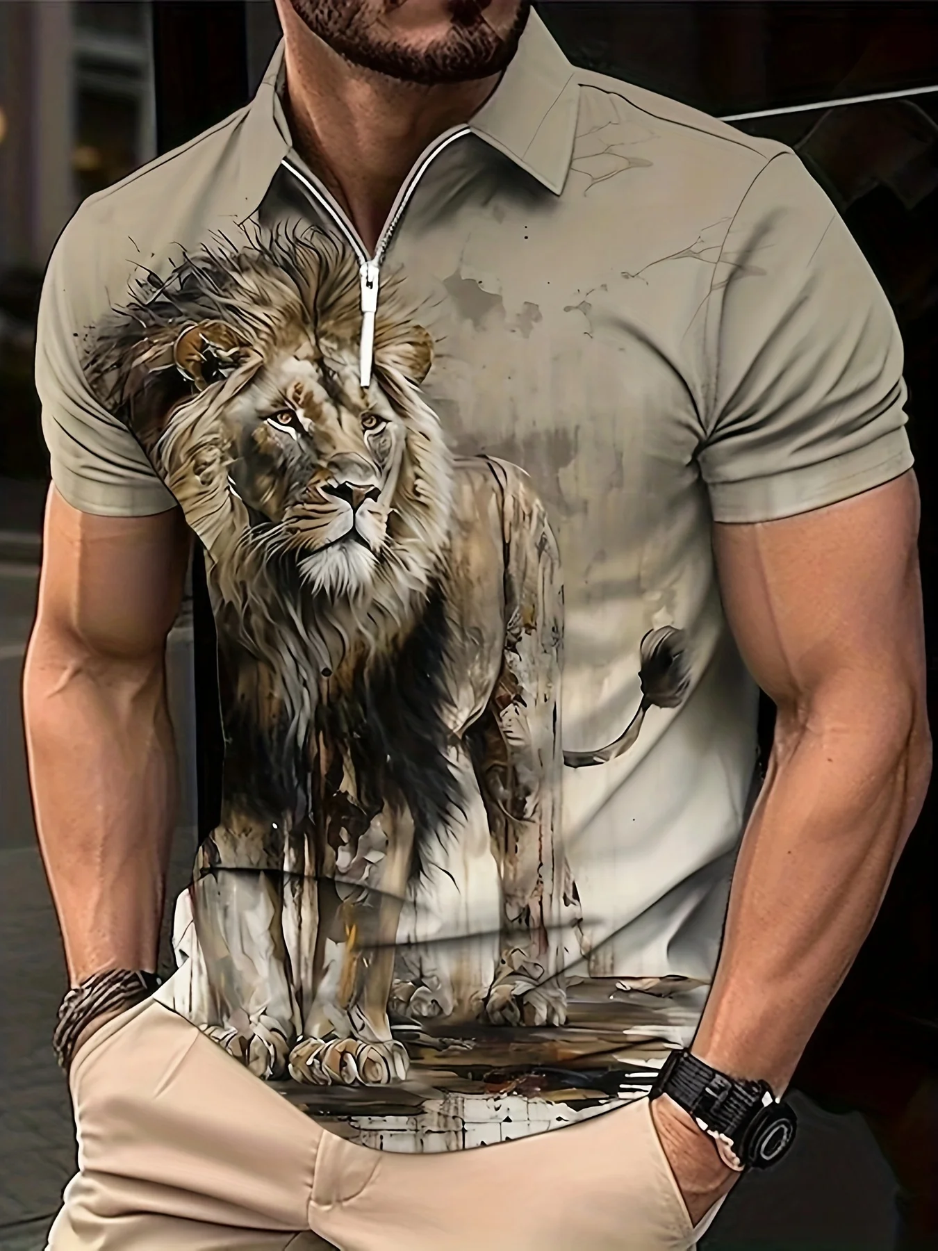 Anime Lion Head Digital Printing Men Shirt Short Sleeve Trendy Gradient T Shirt Lapel Golf Shirt Summer Quality Outdoor Clothing