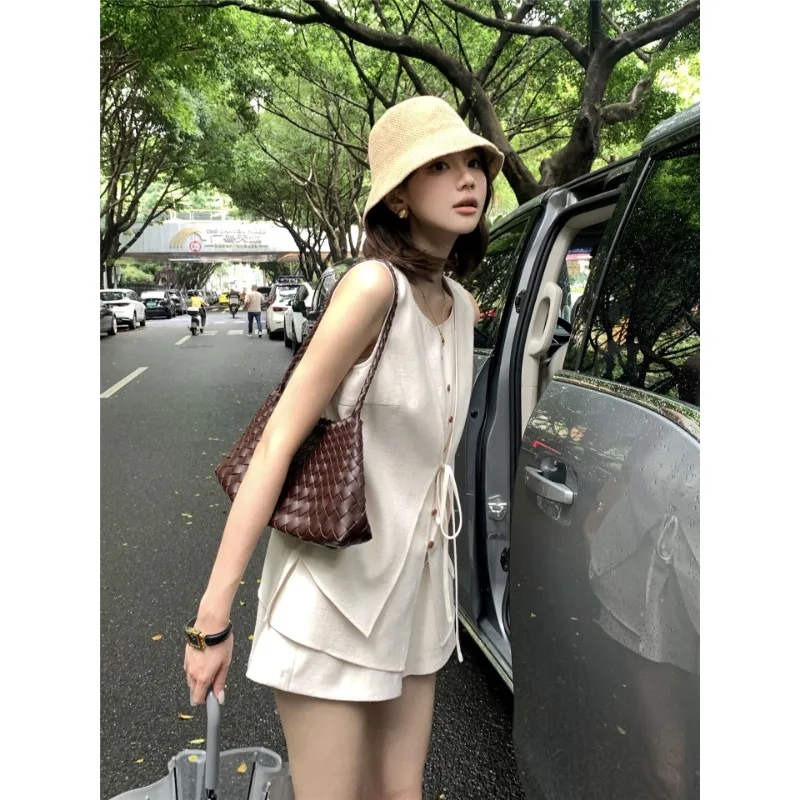 

Women's Beige Two Piece Set Sleeveless Peplum Top And Shorts Casual Summer Outfit