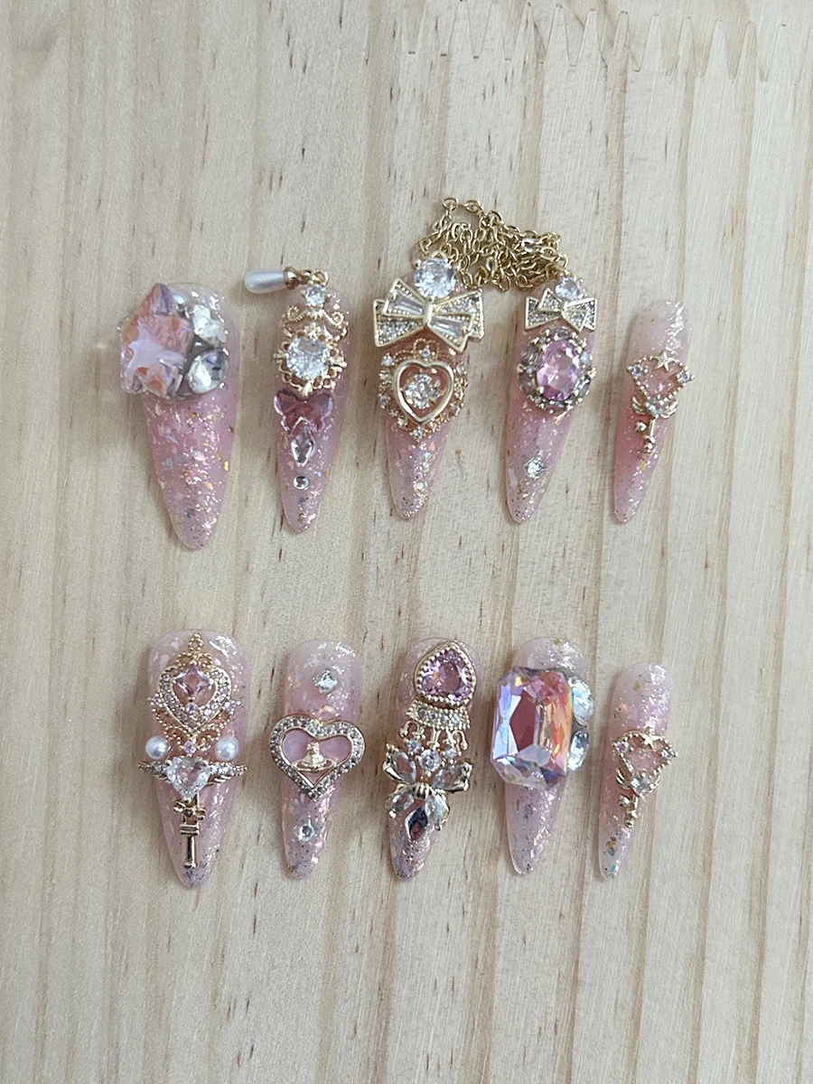 Hand-made LUXURY high quality pink shining diamond with chain amazing beautiful High-ending  finished  artificial nails