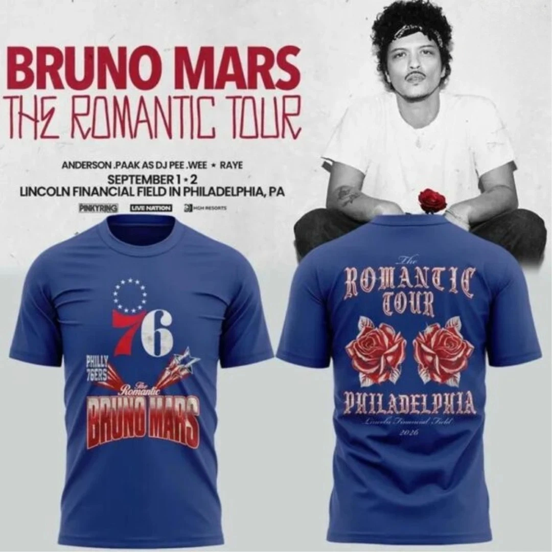 Bruno Mars The Romantic Tour Philly 2026 T‑Shirt Front‑Back Rose Graphic Print Short Sleeve Tee Concert Fan Gift Casual Tops