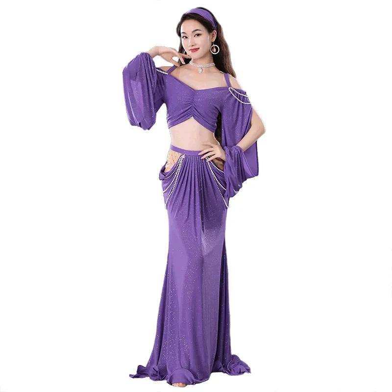 เซ็กซี่ Belly Dance เครื่องแต่งกายสําหรับผู้หญิงแขนยาว + กระโปรง 2 ชิ้นการฝึกอบรมชุดประสิทธิภาพชุด Oriental Dance Troupe ชุด