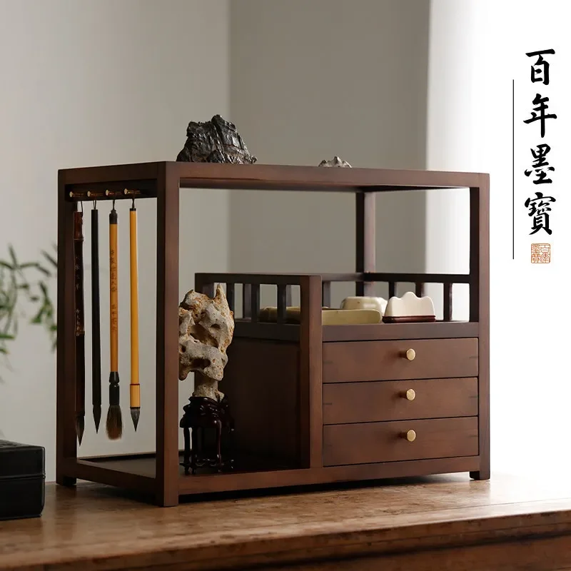 Walnut wood tabletop cakes, leaf accessory box,  table drawer-style brush rack, study room organizer storage cabinet