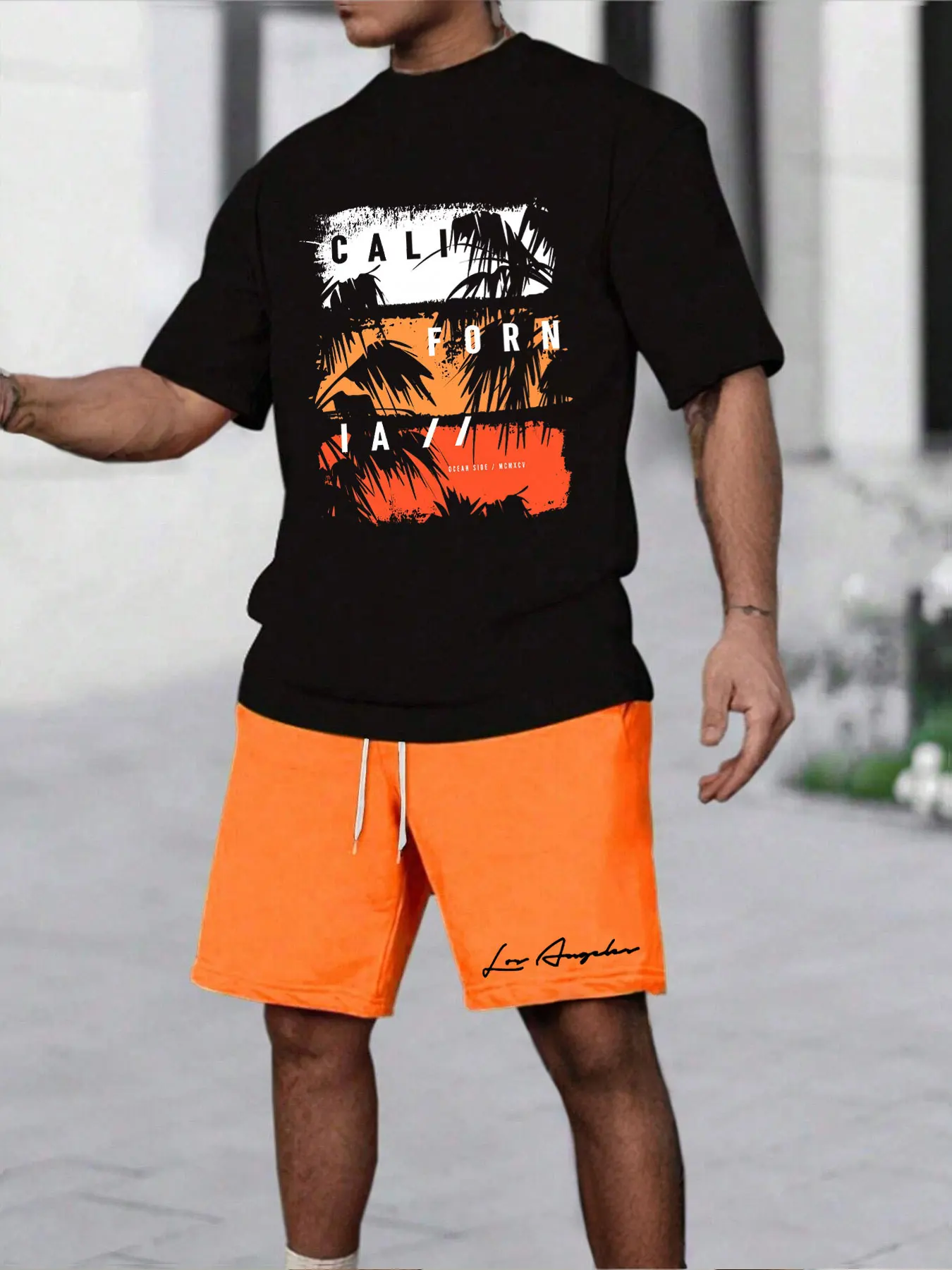 

Men's 3D Printed Summer Quick Dry Casual Fresh Sports Outfit Breathable English Letter Pattern Short Sleeve Drawstring Shorts