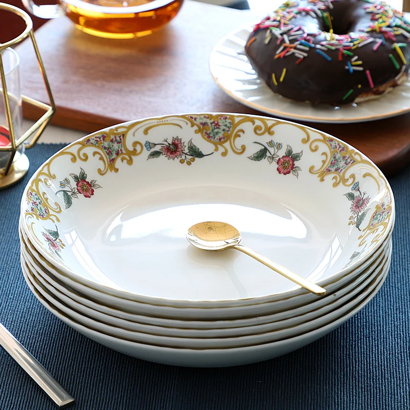 

European Style Dinner Plate Gold Color Vintage White Serving Dishes Dinner Plate Set Ceramic Western Assiette Kitchen Tableware