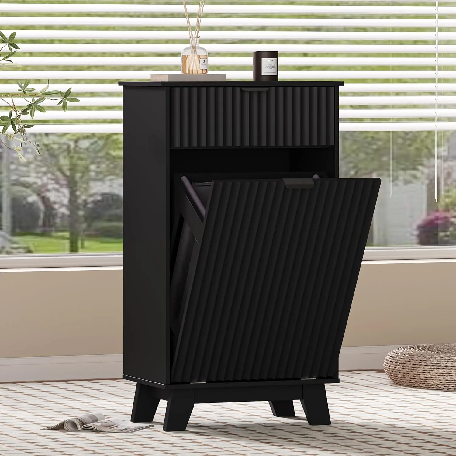 

Tilt Out Laundry Hamper Cabinet with Drawer & Storage 10 Gallon Hidden Trash Can Wood Farmhouse Bathroom Kitchen, Customized