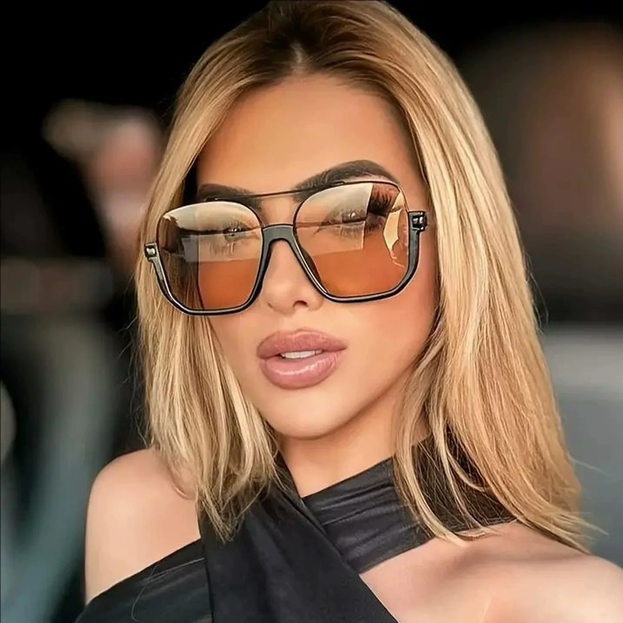 Fashion Glasses Trendy Sun Glasses Double Bridge Square Frame Sunglasses Oversized Fashion Shades Retro Sunnies for Women view 2