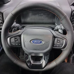 Hand-Stitch Non-slip Side Perforation Black Leather Car Steering Wheel Cover for Ford Ranger Everest 2022-2024 Auto Accessory