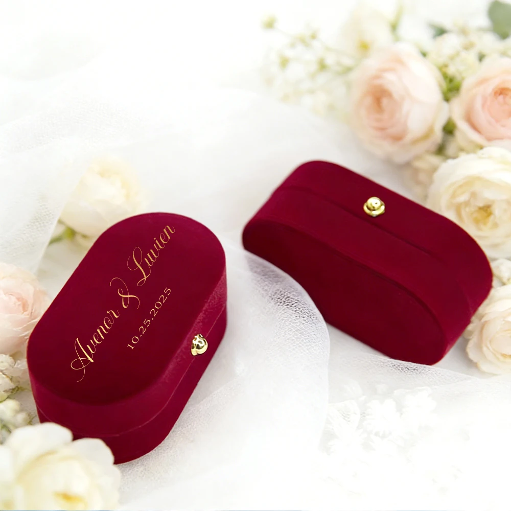 Image of Personalisierte Goldene Schnalle Ovale Samt-Ringbox, Maßgefertigt mit Doppelsteckplatz, 5 Farben für Verlobung, Geeignet für Hochzeit, Jahrestag, Andenken