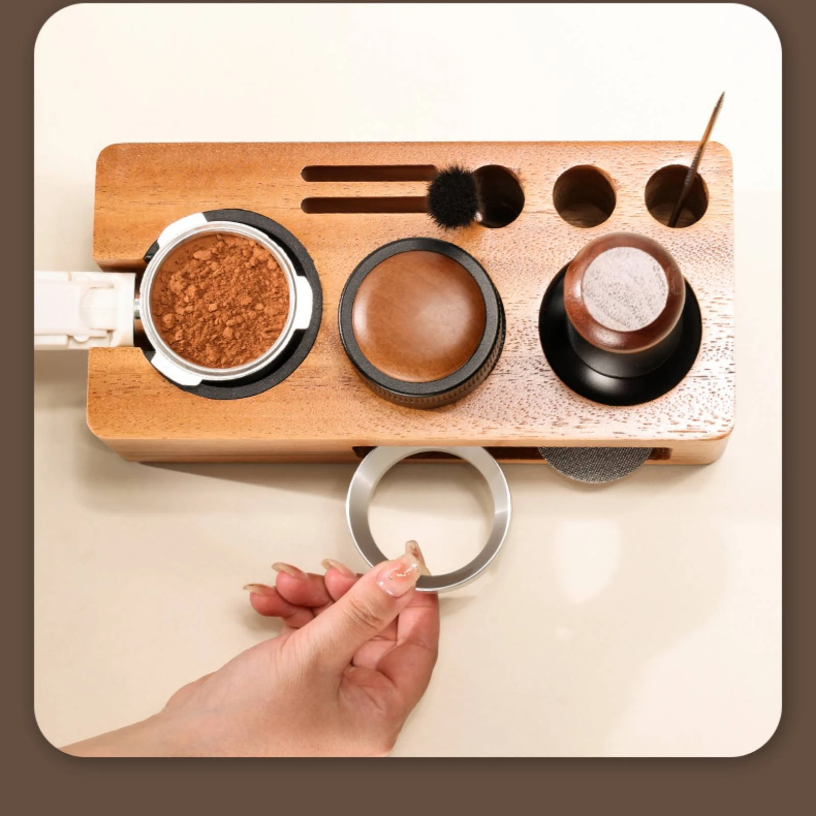 Home Barista - Espresso Tamperleme İstasyonu Masif Ahşap Kahve