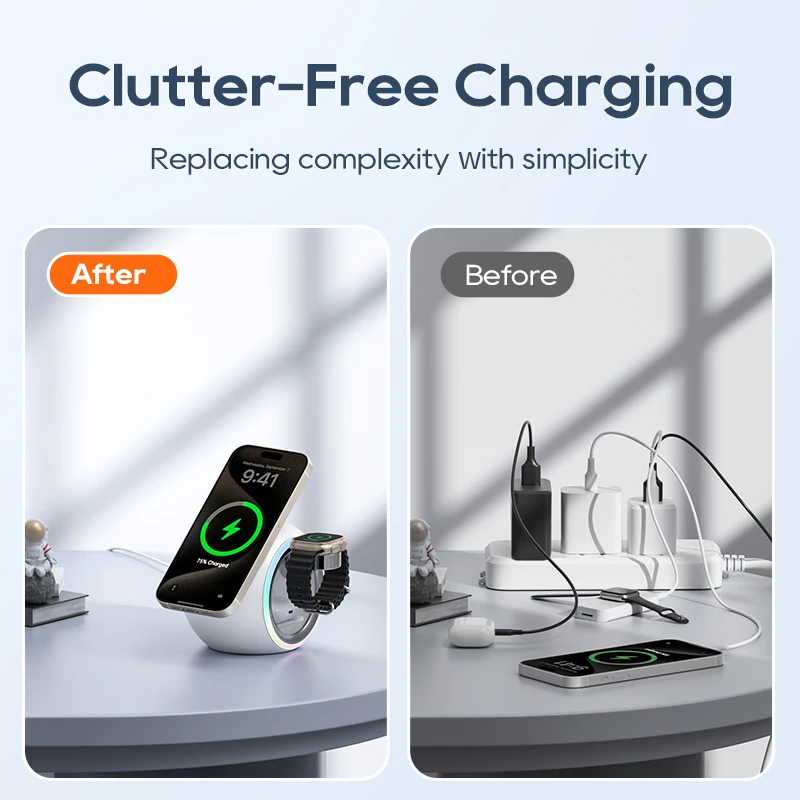 KUULAA 3 in 1 Wireless Charger Stand for iPhone 15 14 Color Changing LED Light Magnetic Wireless Charging for AirPods/Watch