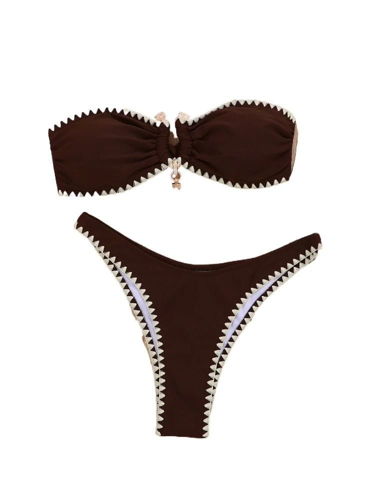 Bikini fashion strapless swimsuit with shell pattern, high-waisted, sexy, color-blocking swimwear