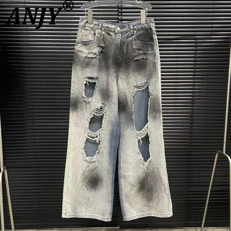 

ANJY Autumn New Women Original Design Streetwear Hip Hop Distressed Ripped Jeans Personalized Trendy Straight Casual Pants A7169