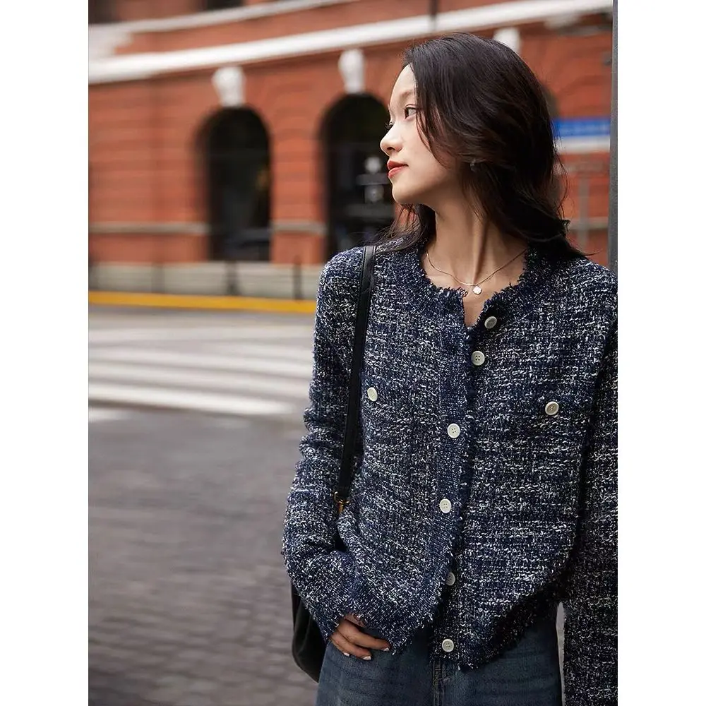 Vintage Elegant Tweed Cardigan Women Fringe Trim Knit Top Pearl Button Short Knited Sweater Coat Autumn Outerwear