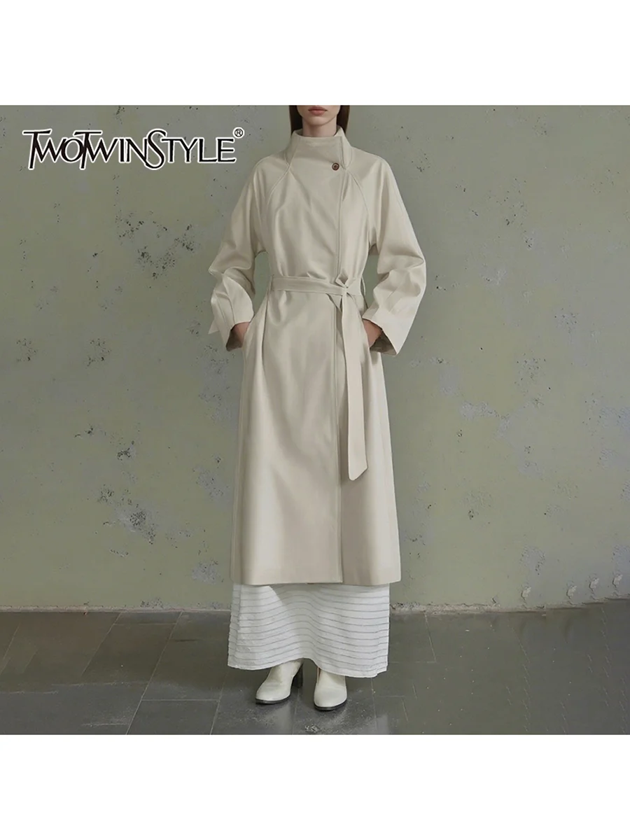

TWOTWINSTYLE Solid Spliced Lace Up Versatile Trenchs for Women Stand Neck Long Sleeves Basics Trench Female Fashion Clothing New