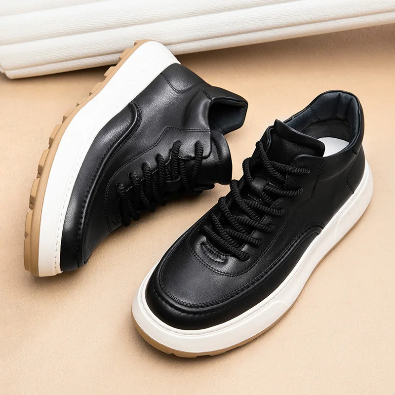 Handcrafted Men's Leather High Top Boots, Chunky Sole Platform Lace up Ankle Boots, Warm Lined Autumn Winter Casual Shoes