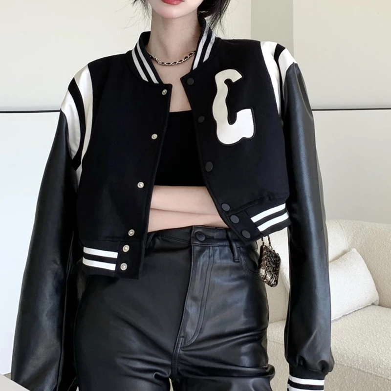 Jackets Women\'s Bomber Black Coats Leather Baseball Short Coat Y2k Jacket Woman Goth Clothing Streetwear
