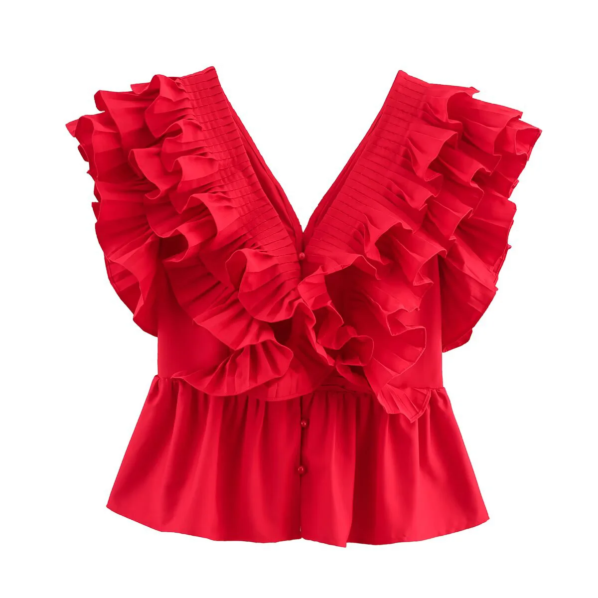 

2025 summer new niche waist cinching slimming V-neck French shirt women's red pleated ruffle edge sleeveless top