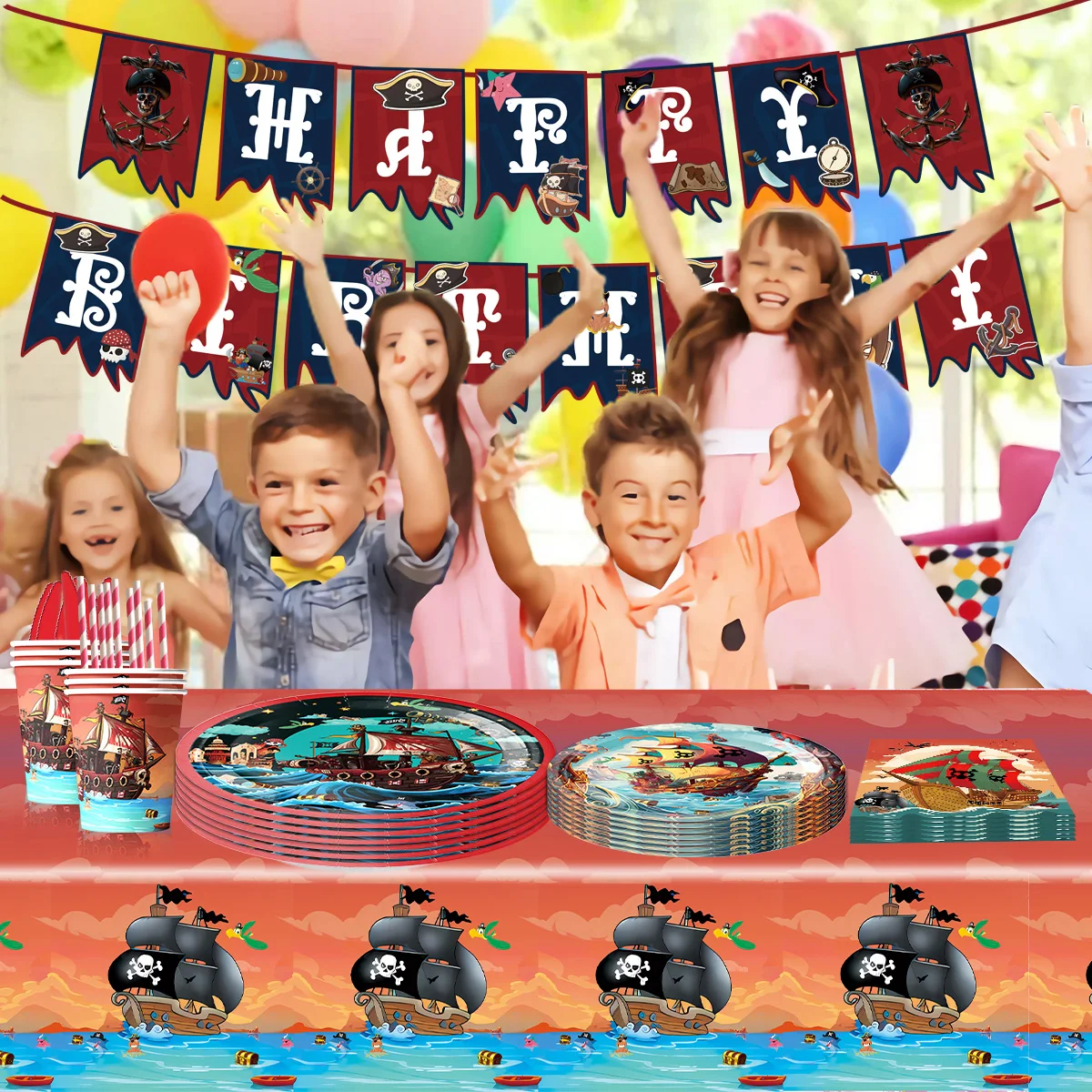 New Pirate ship Theme Birthday party decoration Venue Supplies Set children's tableware, disposable paper plates, flag,banner