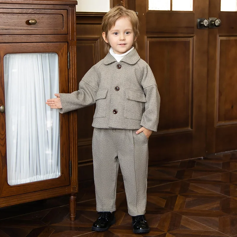 

Children Blazers Set Fall Winter Thick Casual British Style Boys Suits for Weddings Gray Piano Performance Costume 2 To 12 Years
