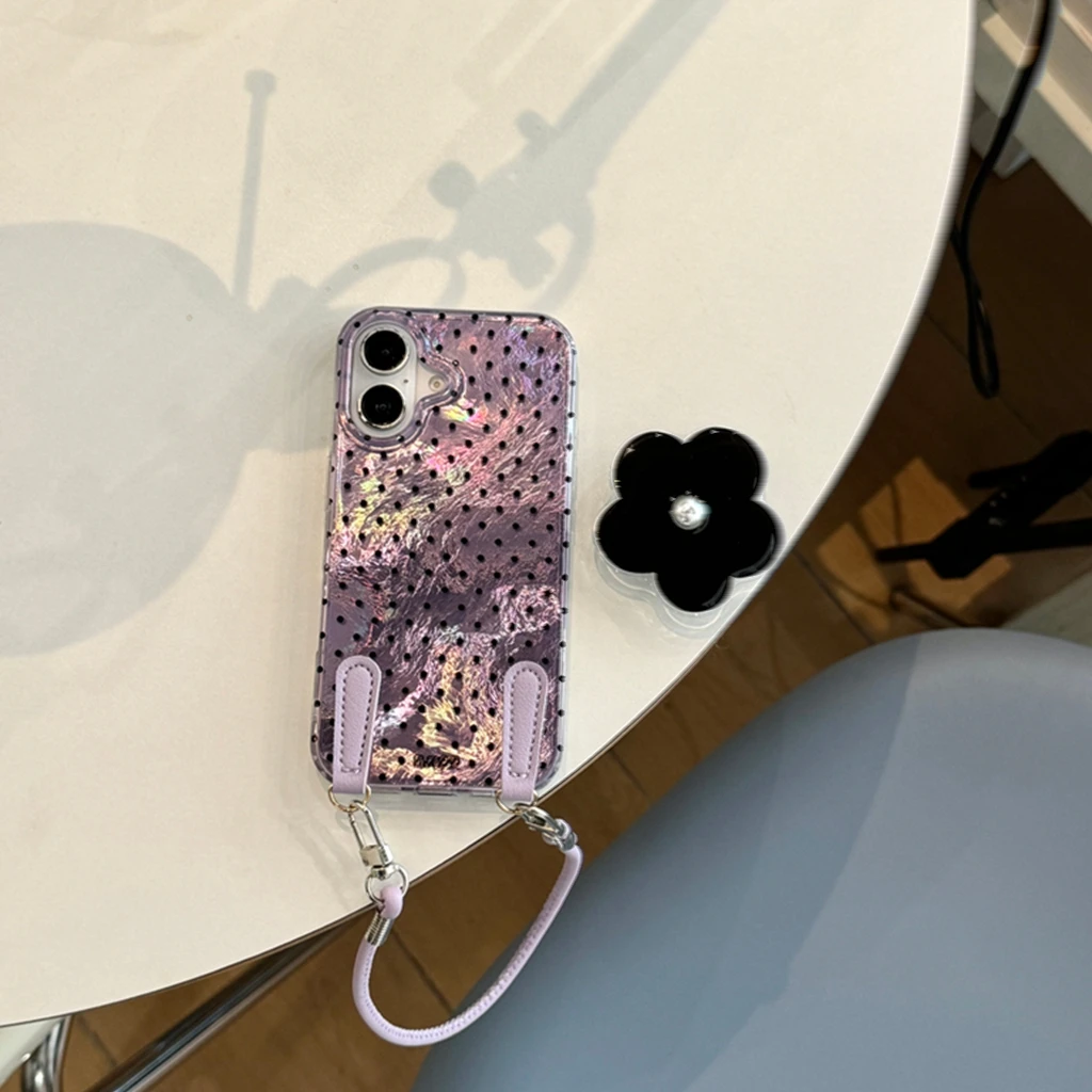 

Simple Purple Wavelet Point Black Flowers With Holder Lanyard Shockproof Protective Phone Cover Case for iPhone 16 15 14 Pro Max