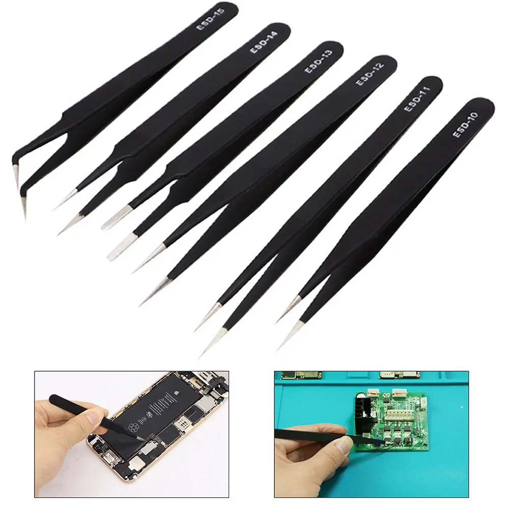 6pcs Anti-Static Stainless Steel Tweezers Precision Maintenance Industrial Repair Curved Working Model Making Hand Tools