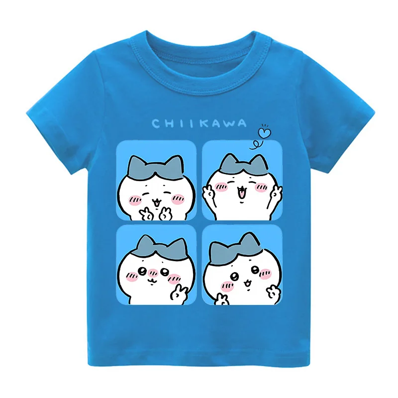 Chiikawas Hachiware T-shirt Children Usagi Anime Tee Top Fashion Clothes Cartoon Partern Short Sleeve Kids Loose Clothing Gift