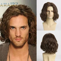 Men's Short Synthetic Wig Natural Brown Curly Hair Soft Fluffy Wig Daily Party Wig Heat Resistant for Man