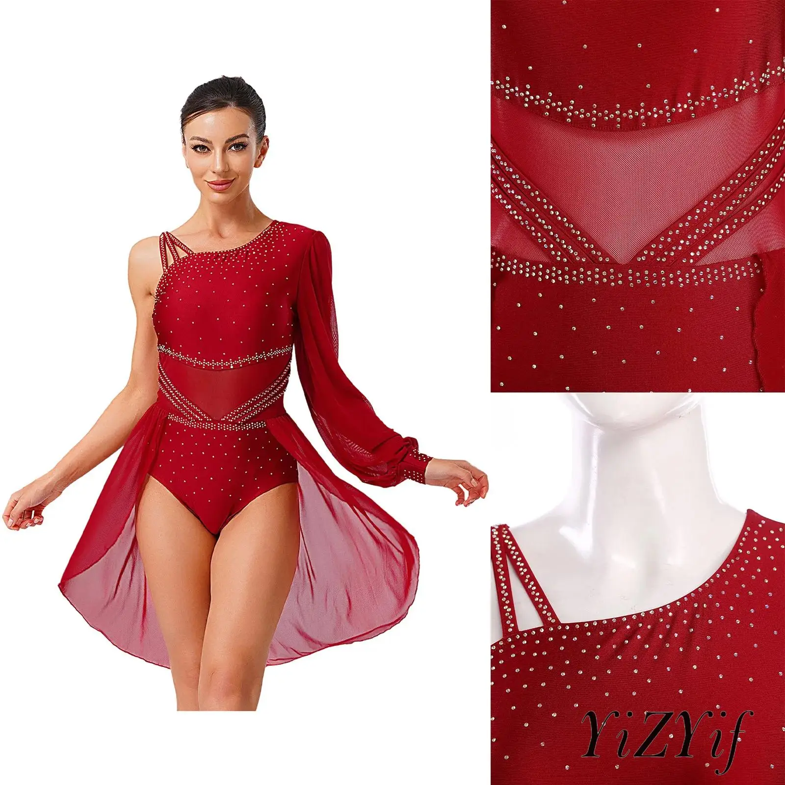 

Women Latin Dress Lyrical Modern Dancing Costume One-shoulder Single Sleeve Rhinestone Press Button Design Rhythm Leotard Dress