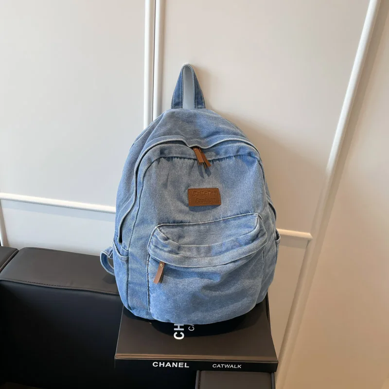 

Модные однотонные джинсовые повседневные рюкзаки на молнии, молодежные универсальные минималистичные рюкзаки, высококачественные женские школьные сумки большой вместительности