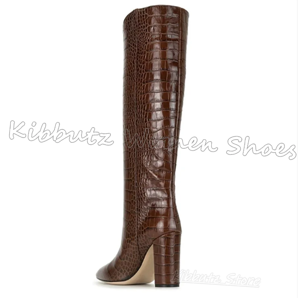 Knee High Boots Zebra Stripes Leather Slip-On Fashion Luxury Elegant Concise Novelty Sexy Pointy Chunky Heels Spicy Girls Shoes - view 4