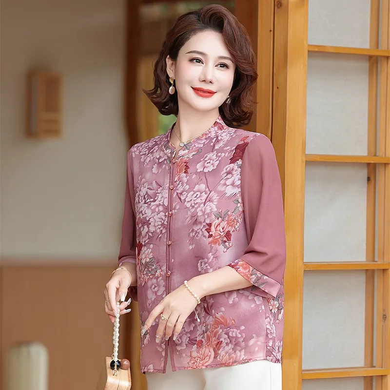 Vintage cheongsam collar Womens Half sleeve Casual Printed Chiffon Blouse Summer Single-breasted Thin Loose Shirt Female