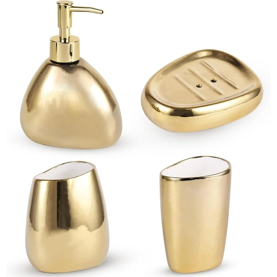 

Elegant 4-Piece Electroplated Ceramic Bathroom Set with Lotion Dispenser Mouthwash Cup Soap Dish Toothbrush Holder Modern Bathr