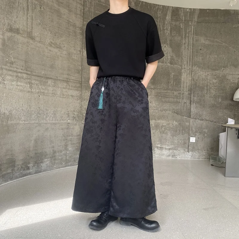 Autumn trend Chinese jacquard wide leg men's and women's casual cropped pants with tassel hanging design, loose casual pants