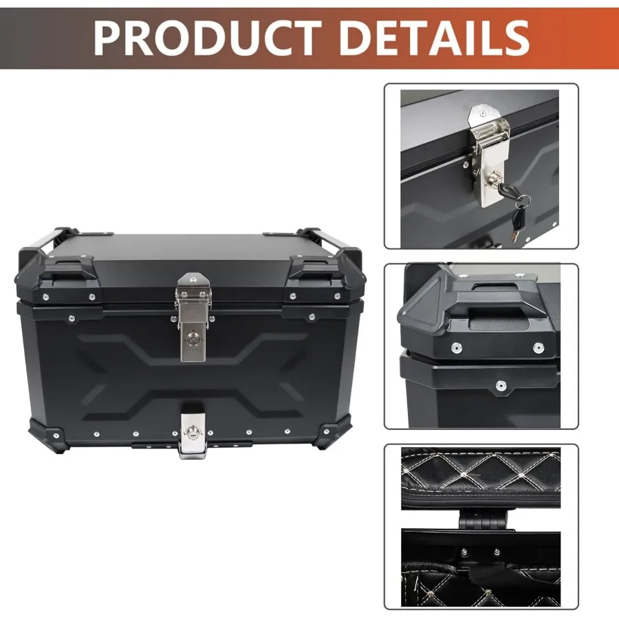 صندوق خلفي للدراجة النارية سعة 65 لتر مع لوحة تركيب مصنوعة من سبائك الألومنيوم الصلب لتعزيز مقاومة الماء وقفل الأمان