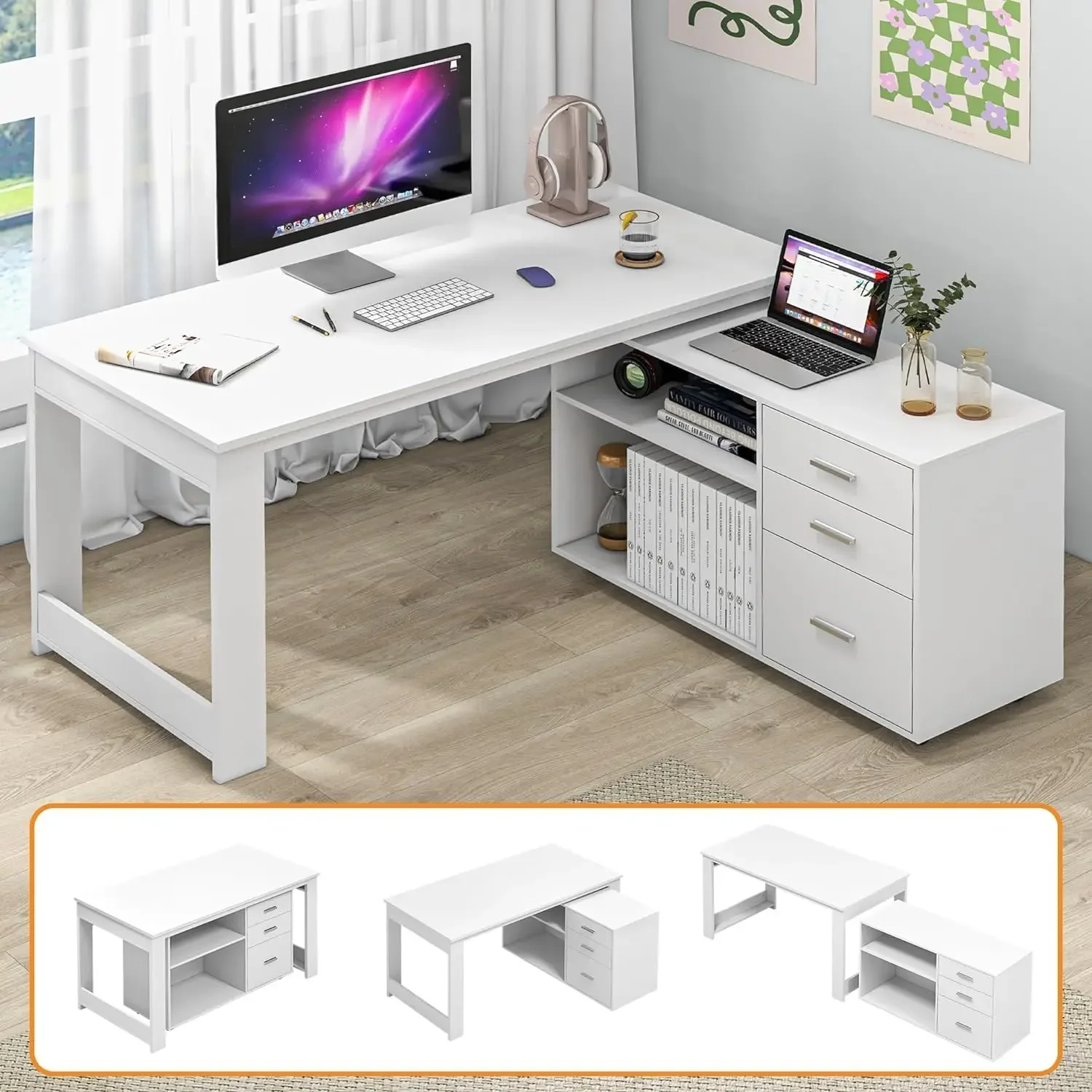 MU White L Shaped Desk with Drawers, Corner Desk with 3 Drawers and 2 Shelve, Executive Office Desk with Storage File Cabinet